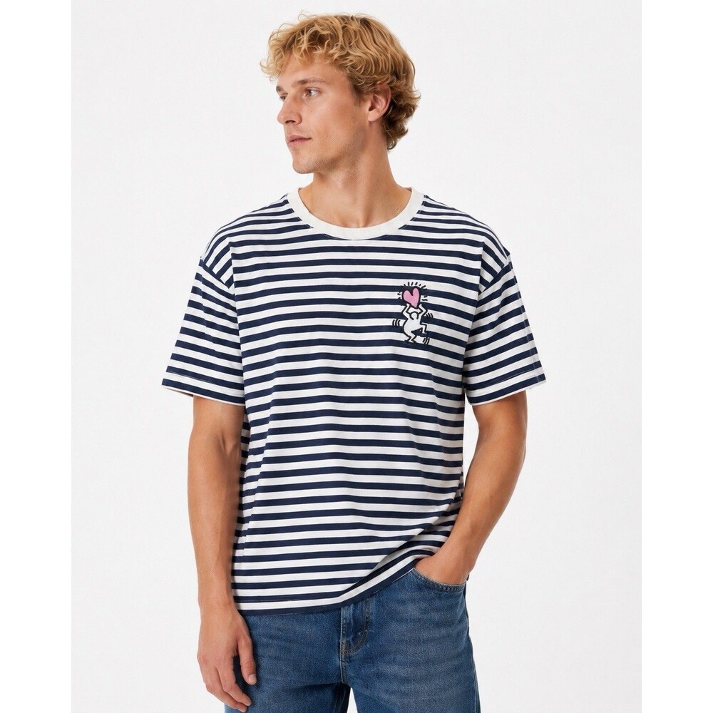 Keith Haring Shirt Men's Large Striped Short Sleeves Embroidered Logo Cotton On
